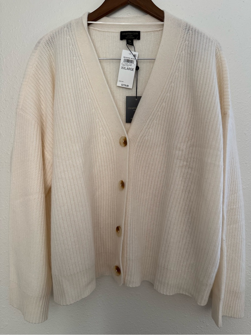 NWT Charter Club Luxury 100% Cashmere Cream Cardigan XXL